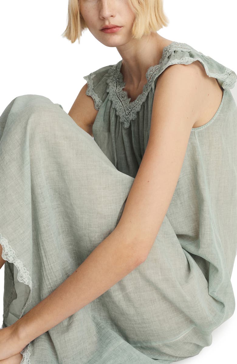 MANGO Lace Accent Cotton Night Gown, Alternate, color, Pastel Green