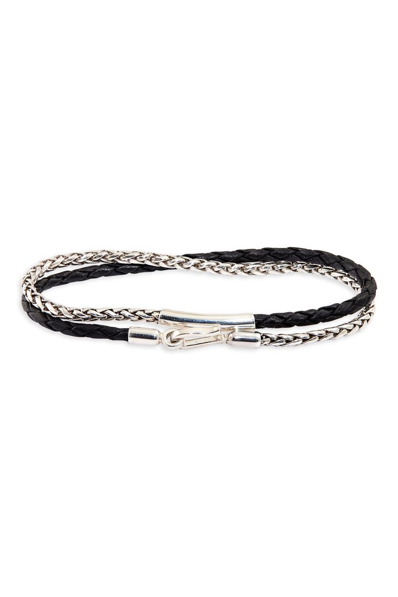 Braided Sterling Silver & Leather Double Wrap Bracelet, Main, color, BLACK