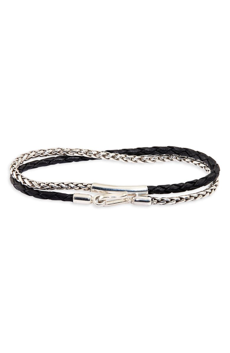 Caputo & Co. Braided Sterling Silver & Leather Double Wrap Bracelet, Main, color, 