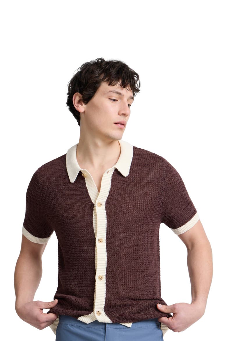 Linen Short Sleeve Button Up Sweater, Alternate, color, Espresso/Egret