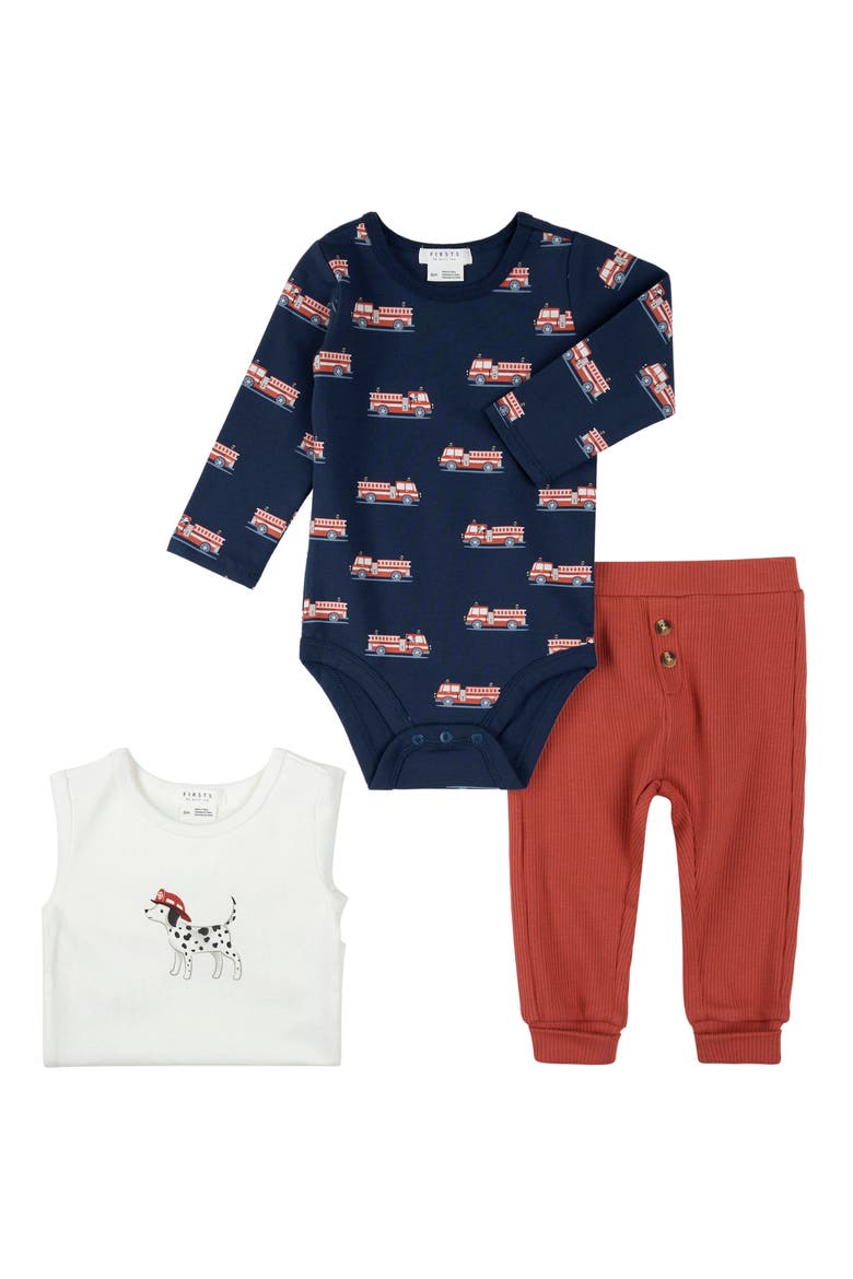 Fire Truck Print 3-Piece Bodysuits & Rib Joggers Set, Main, color, OFF WHITE