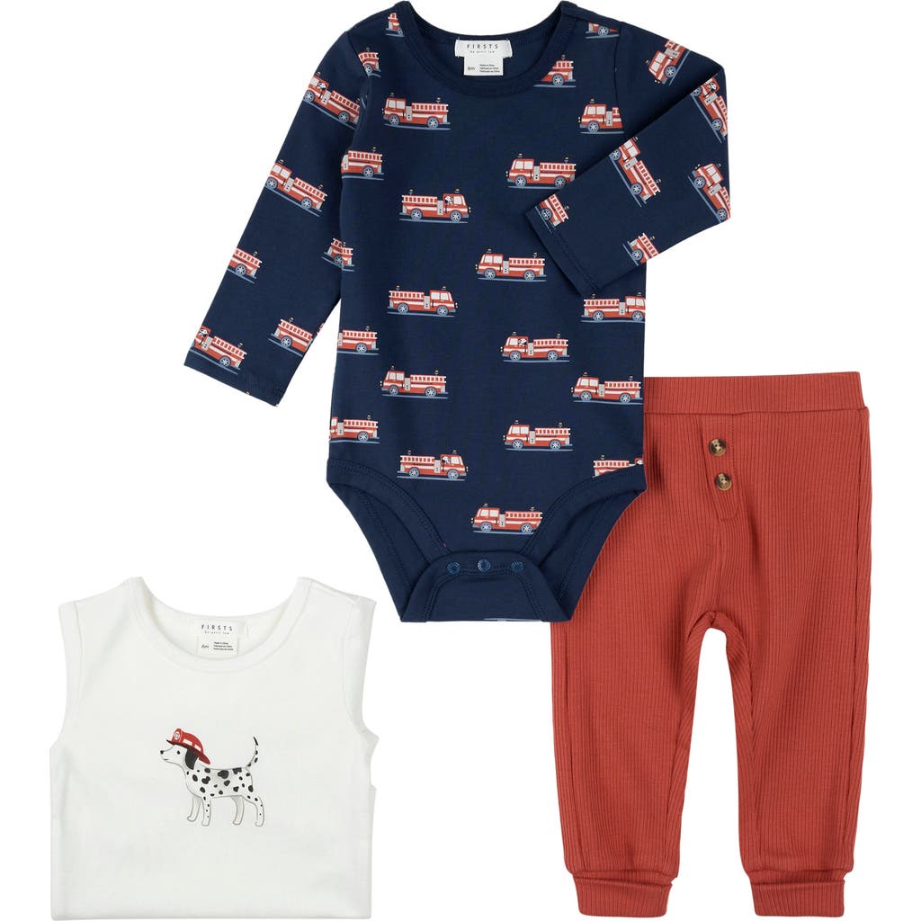 Firsts By Petit Lem Fire Truck Print 3-piece Bodysuits & Rib Joggers Set In Blue
