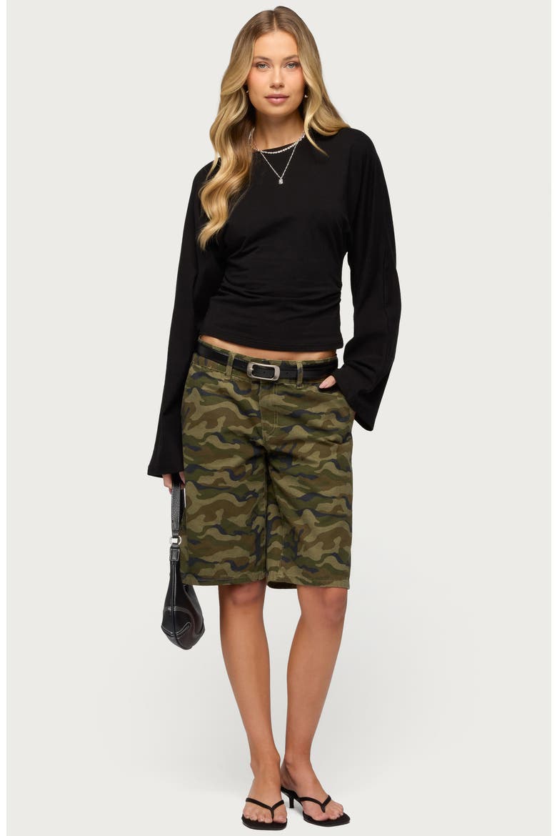 Charlisa Ruched Long Sleeve Crop Top, Alternate, color, BLACK