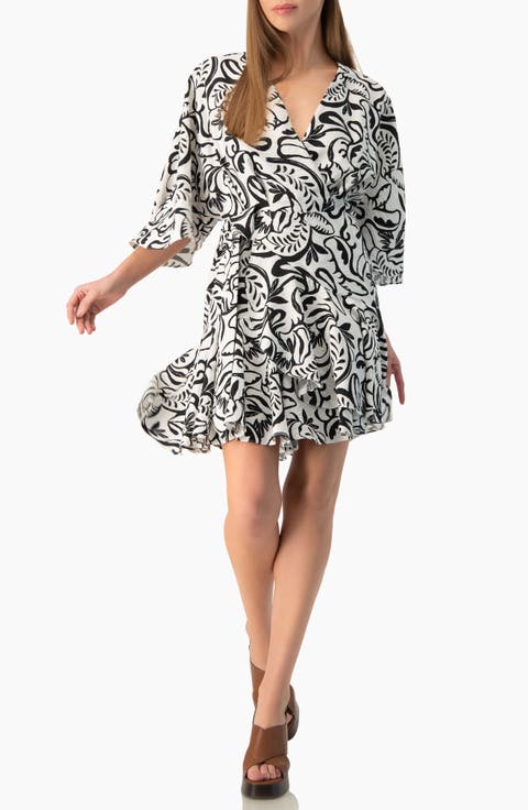 Swirl Botanical Print 3/4 Sleeve Fit-and-Flare Mini Dress