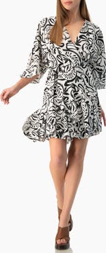 IVONNE Swirl Botanical Print 3/4 Sleeve Fit-and-Flare Mini Dress