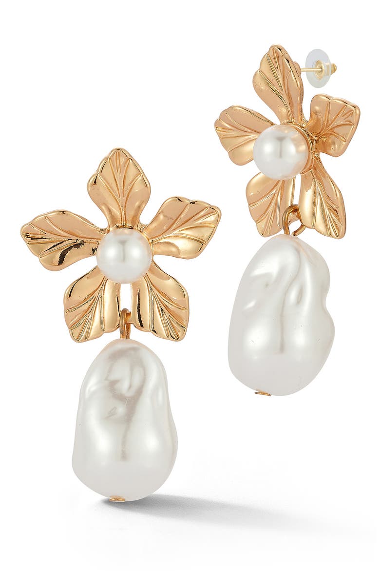 Faux Pearl Flower Drop Earrings, Main, color, GOLD