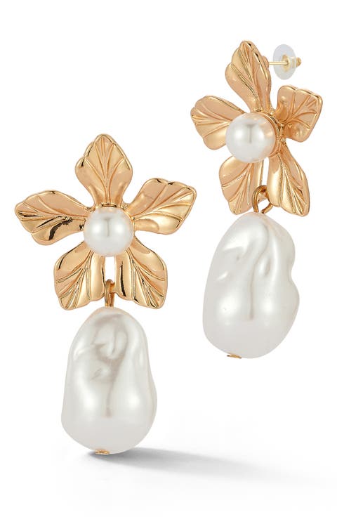 Faux Pearl Flower Drop Earrings