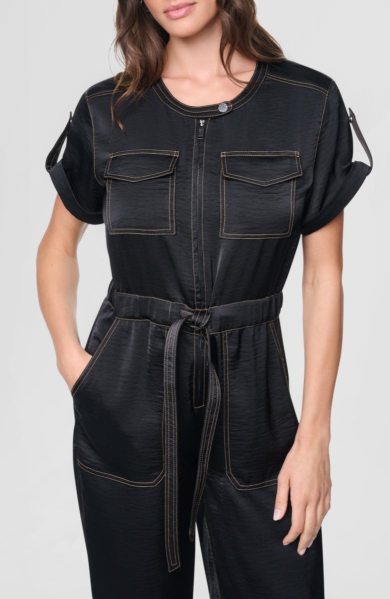 DKNY Drawstring Waist Hammered Satin Jumpsuit, Alternate, color, Black