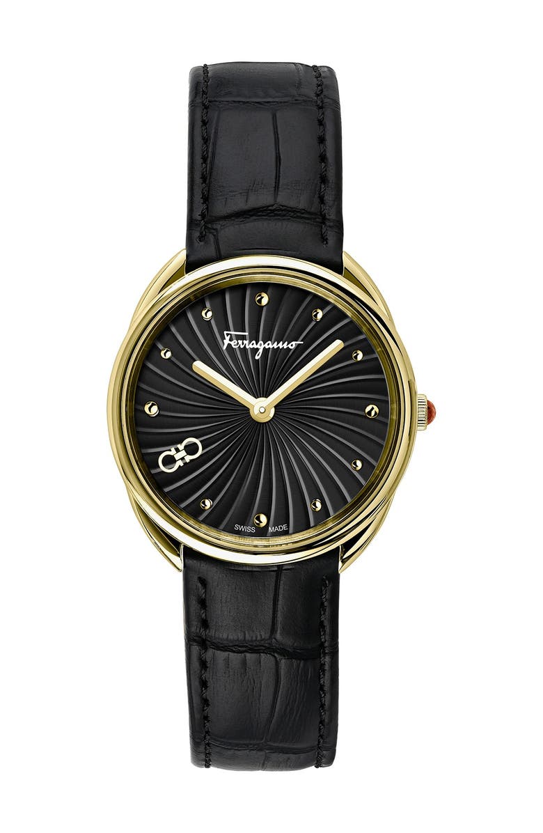 FERRAGAMO Women's Cuir Croc Embossed Leather Strap Watch, 34mm, Main, color, Gold