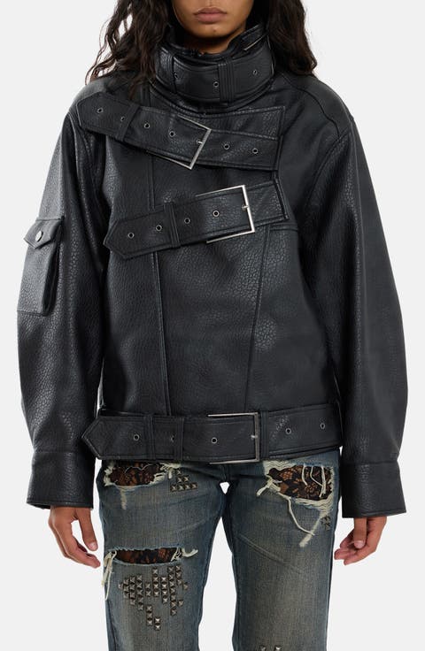 Faux Leather Buckled Bomber Jacket