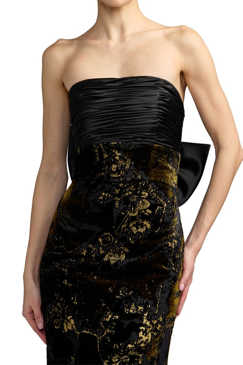 Strapless Floral Velvet Bow-Back Evening Gown, Alternate, color, Black Gold