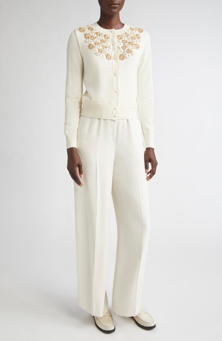 ST. JOHN Beaded & Embroidered Floral Wool Blend Cardigan, Alternate, color, Ecru