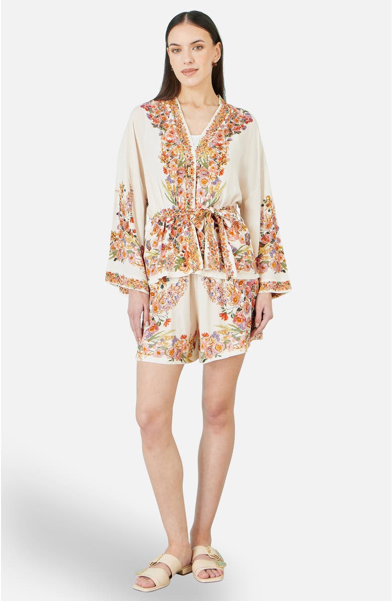 Yumi Viscose Floral Border Belted Cover-Up, Alternate, color, Ivory