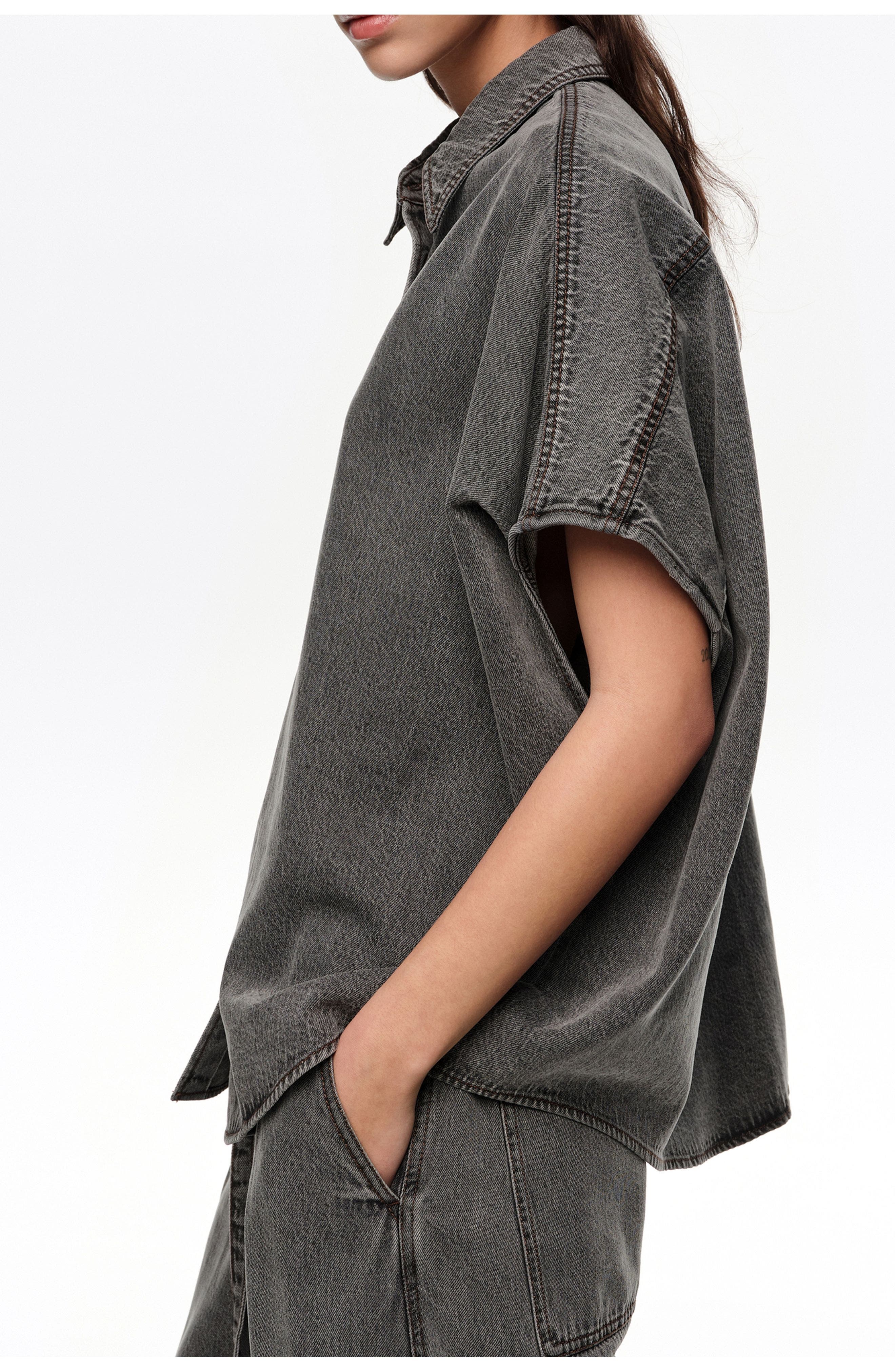 Black washed denim cape shirt - image 2