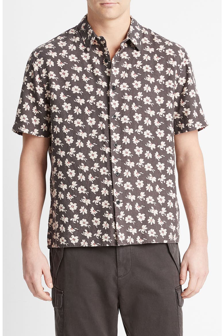 Abstract Daisies Short Sleeve Linen Blend Button-Up Shirt, Main, color, SOFT BLACK/ SEA SALT