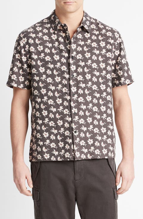 Abstract Daisies Short Sleeve Linen Blend Button-Up Shirt