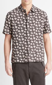 Vince Abstract Daisies Short Sleeve Linen Blend Button-Up Shirt