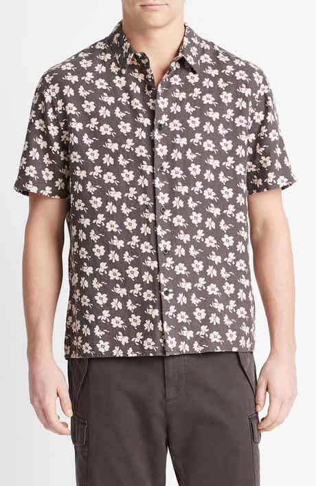 Vince Abstract Daisies Short Sleeve Linen Blend Button-Up Shirt