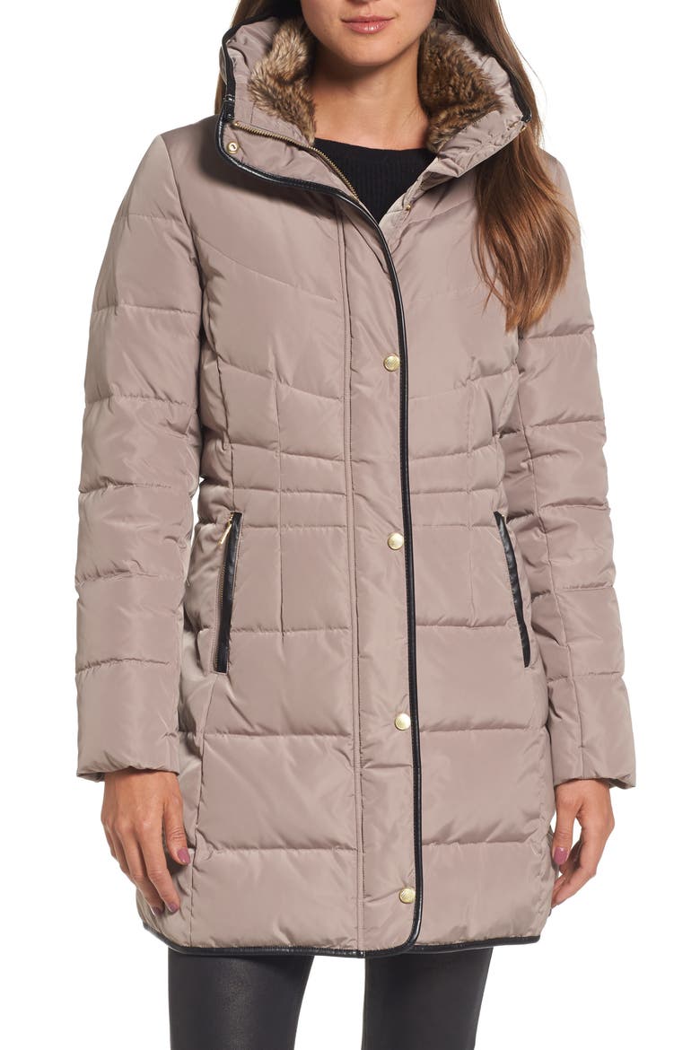 Quilted Down & Feather Fill Jacket with Faux Fur Trim, Main, color, CASHEW