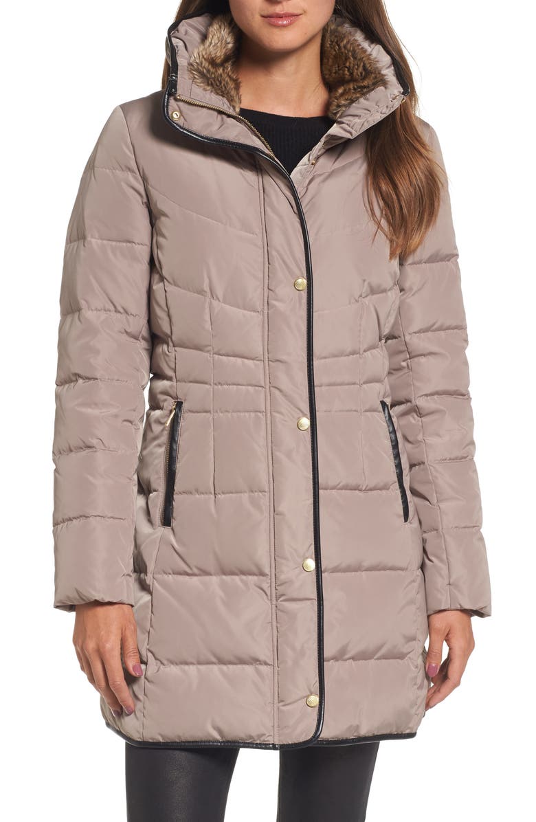 Cole Haan Quilted Down & Feather Fill Jacket with Faux Fur Trim, Main, color, Cashew