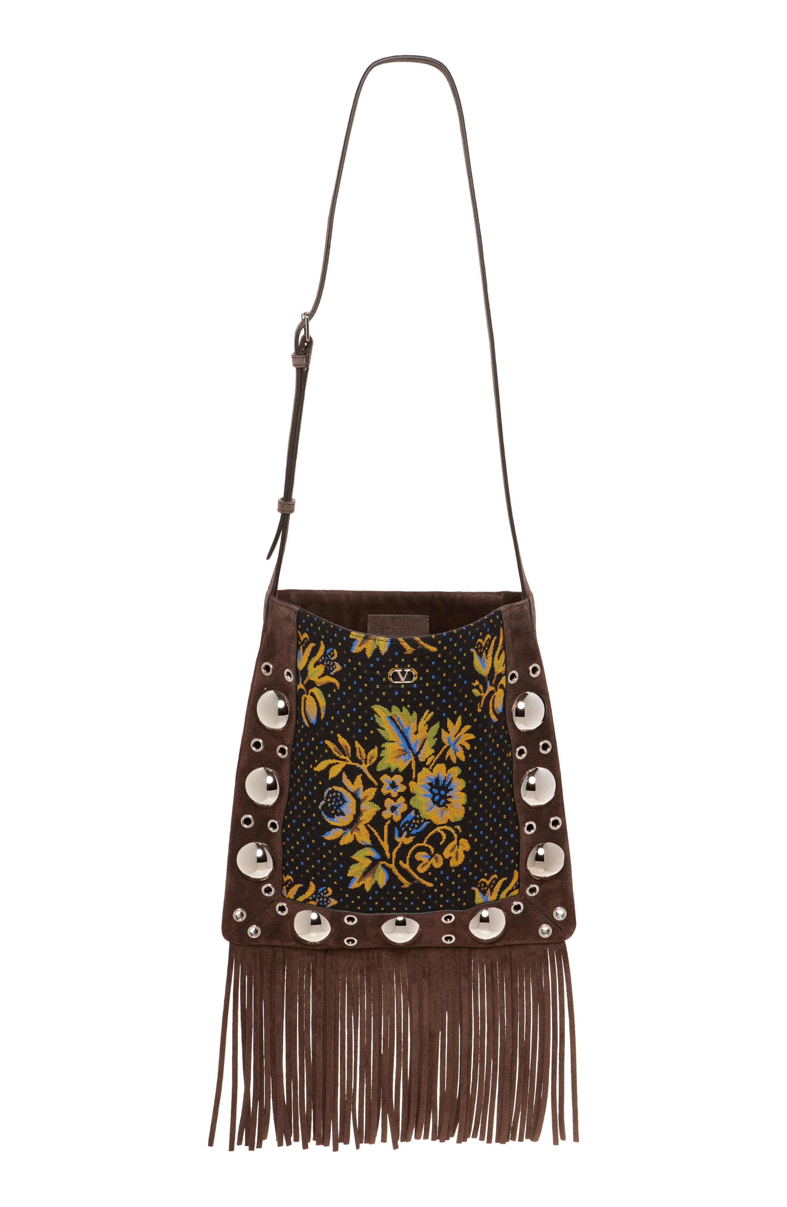 Valentino Garavani Nellcôte Fringed Leather Crossbody Bag, Main, color, Brown Multi