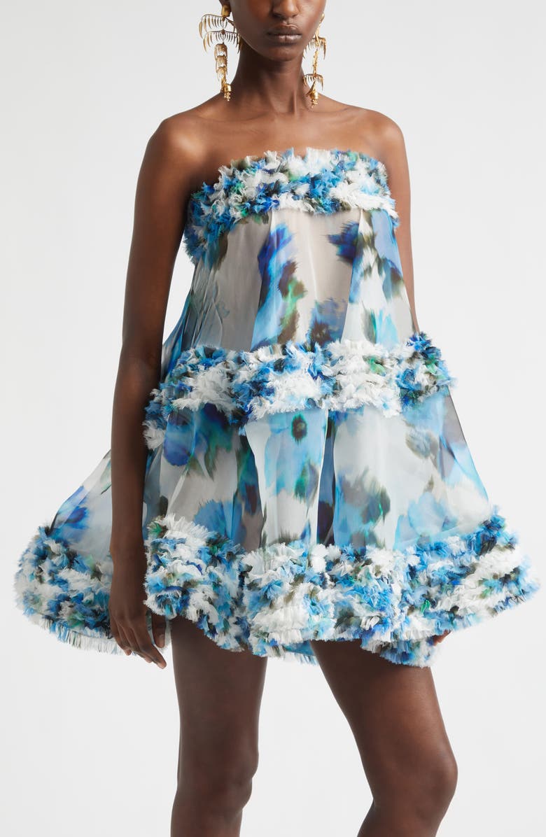Zimmermann Alchemy Floral Silk Organza Ruffle Minidress, Alternate, color, Blue Poppy