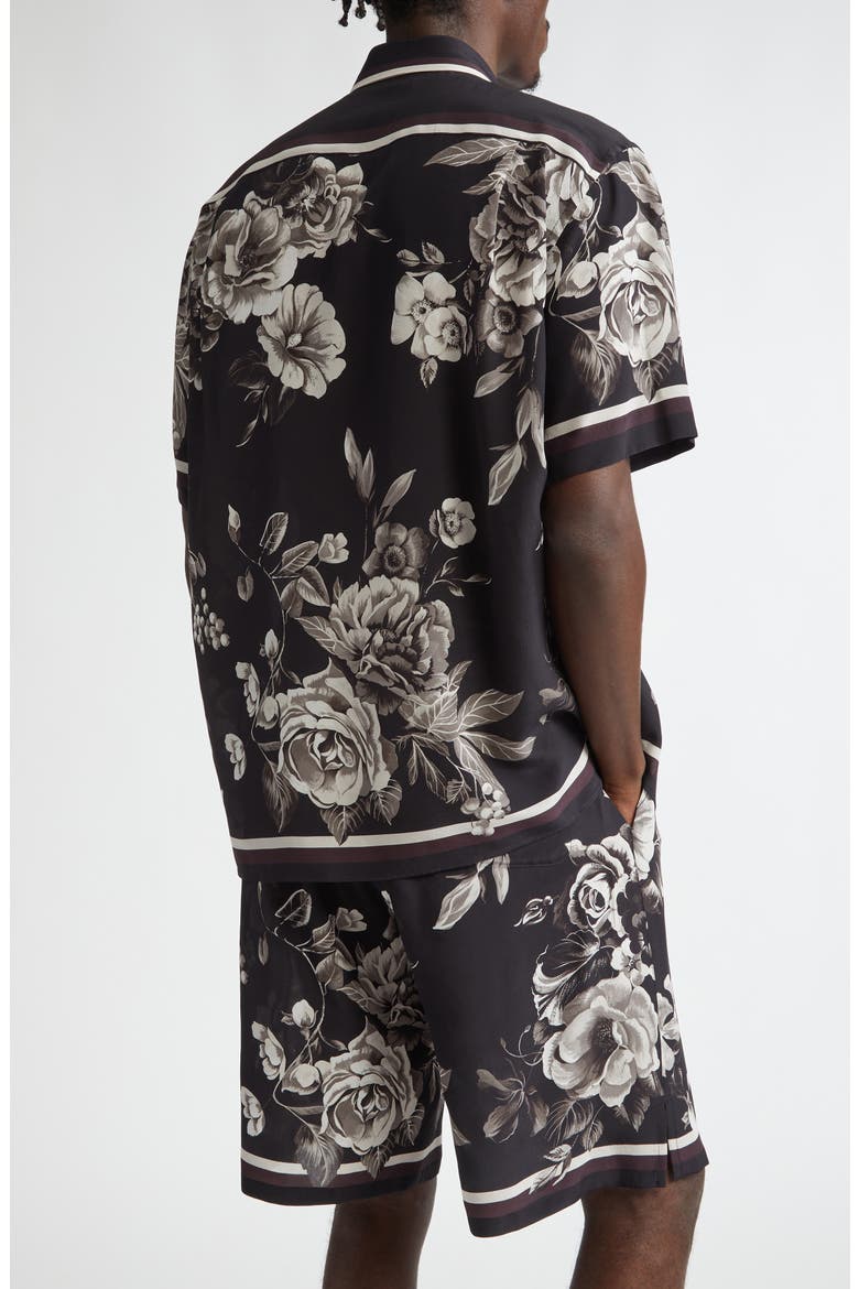 Floral Short Sleeve Silk Button-Up Shirt, Alternate, color, HN5DY FIORI GRIGI FDO NERO