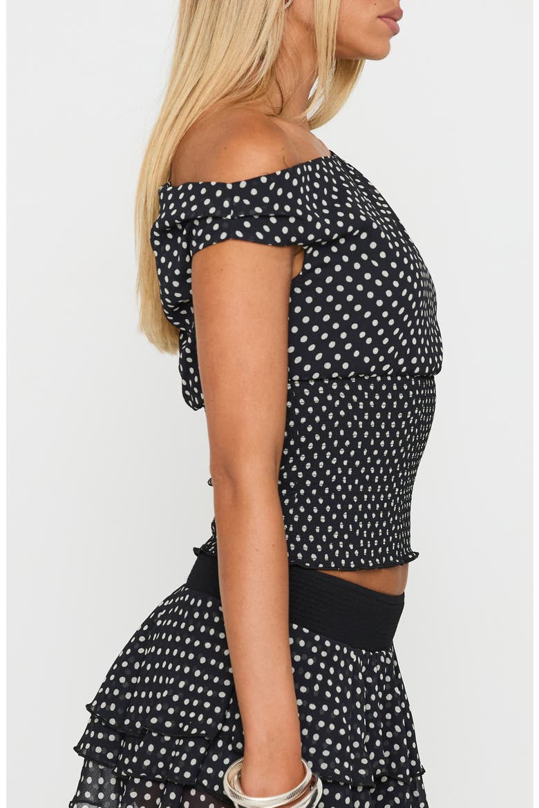 Ready To Party One-Shoulder Polka Dot Top, Alternate, color, BLACK POLKA