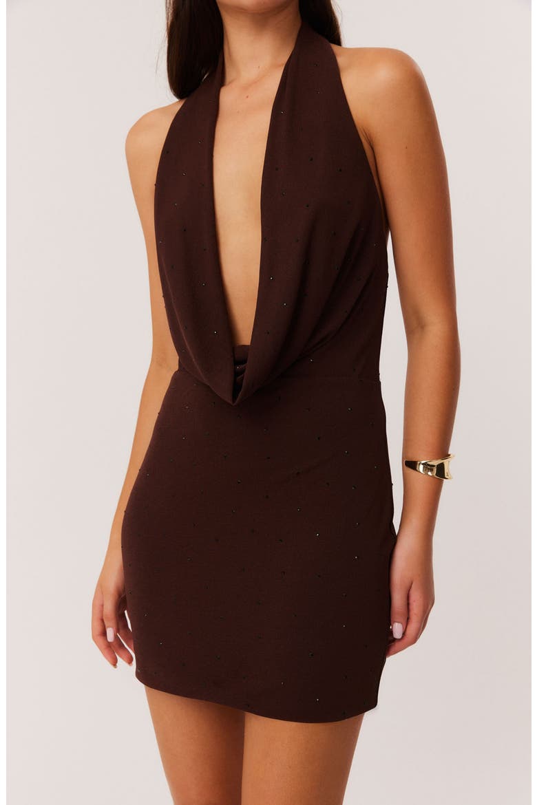 Rhonda Diamante Halter Minidress, Alternate, color, CHOCOLATE