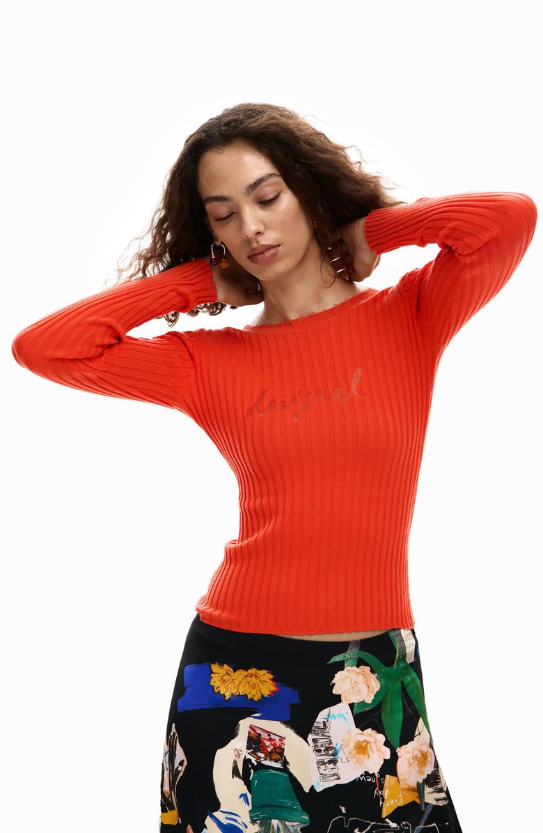 Desigual Long Sleeve Rib T-Shirt, Alternate, color, Orange