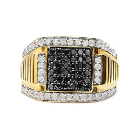Men's Yellow Gold Plated Silver 1 1/2 Cttw White and Black Diamond Cluster Ring
