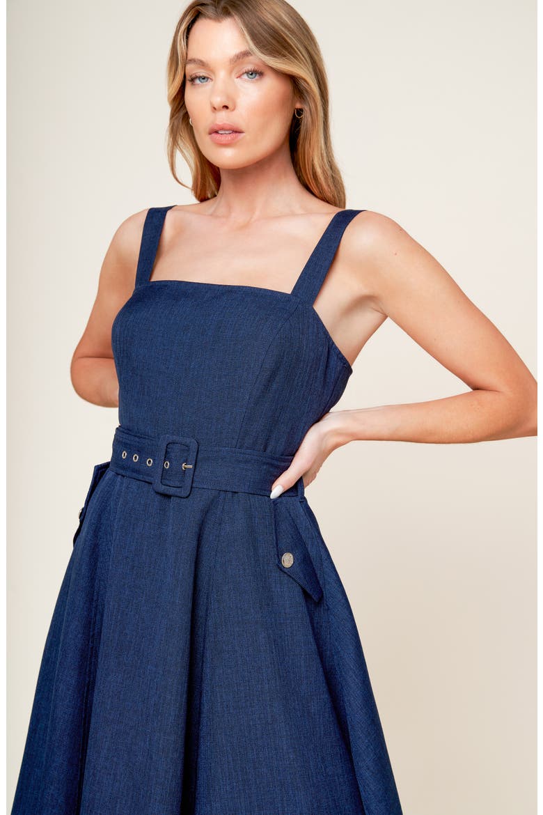 Square Neck Belted Fit & Flare Midi Dress, Alternate, color, NAVY