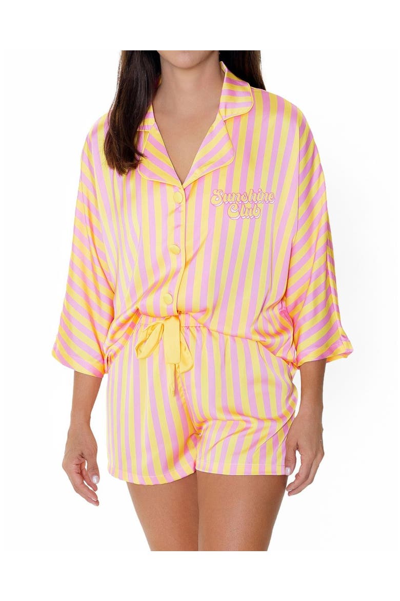 Sunshine Club Silky 3/4 Sleeve Shorts Set, Main, color, Yellow Stripe