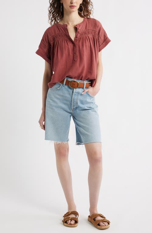 Treasure & Bond Pintuck Linen Blend Popover Top In Burgundy