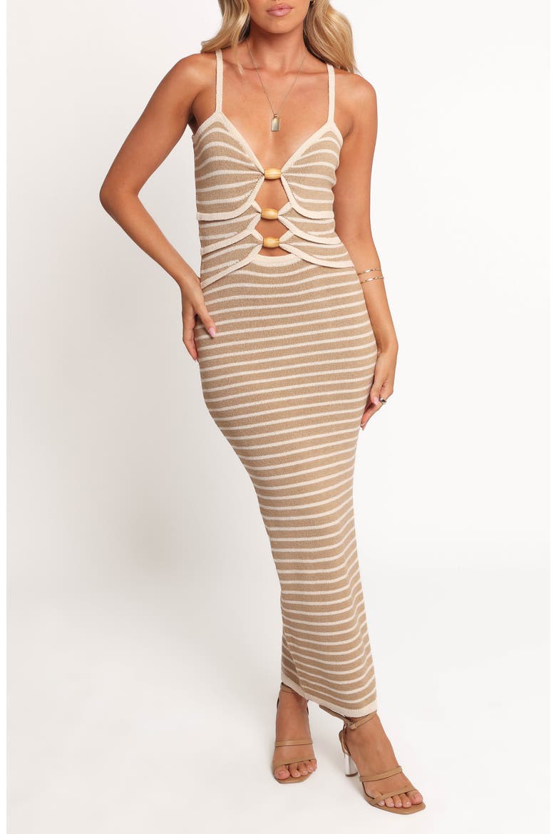 Farrah Stripe Cutout Midi Dress, Main, color, LIGHT TAUPE