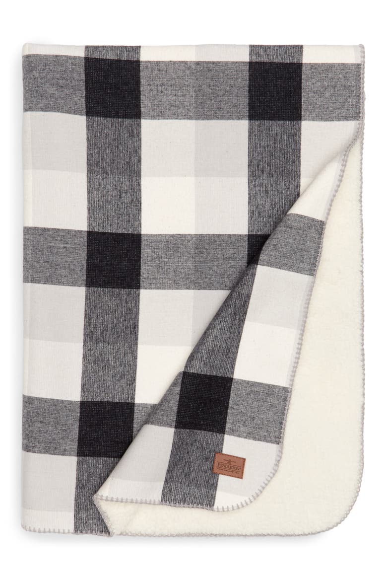 Reversible Plaid & Faux Shearling Throw Blanket (Nordstrom Exclusive), Main, color, BLACK/ IVORY