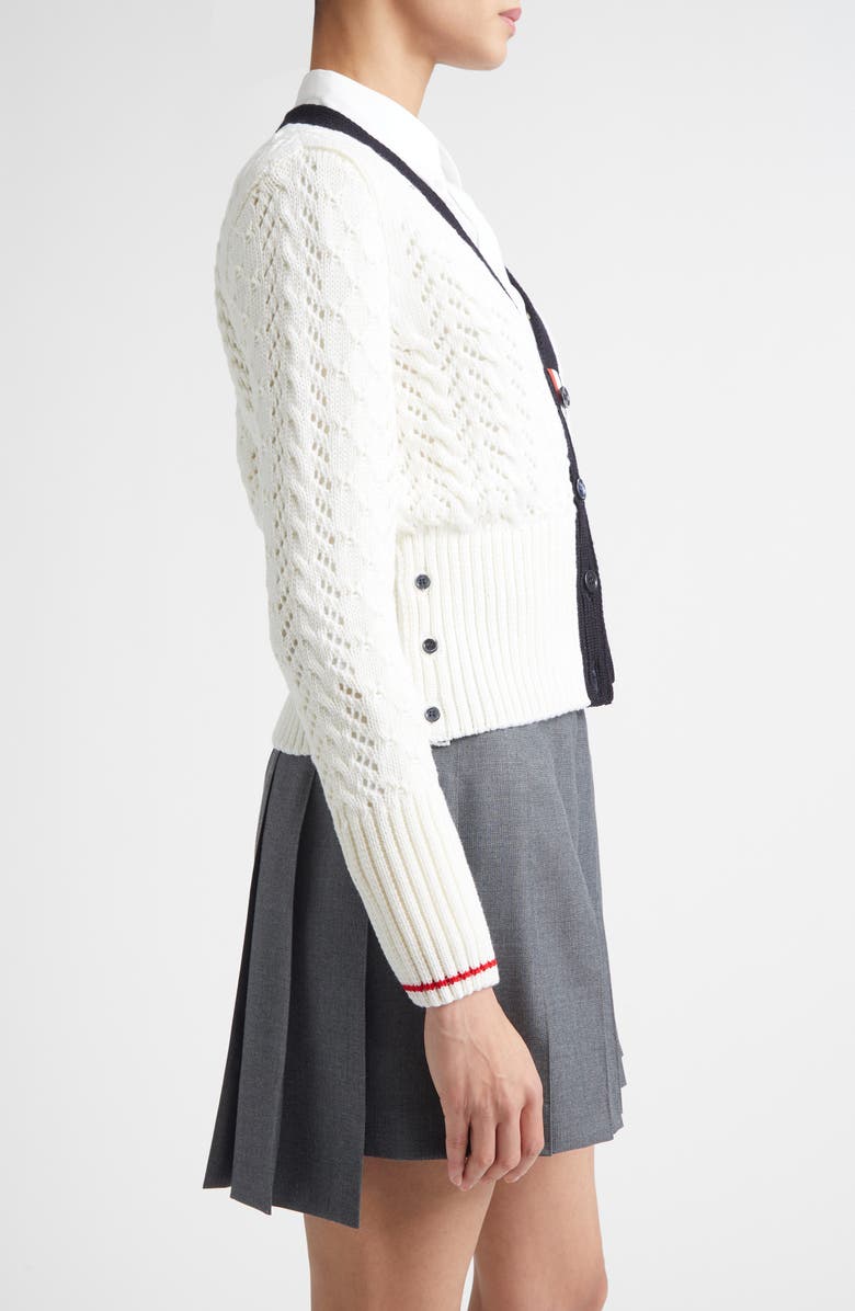 Thom Browne 4-Bar Cable Stitch Virgin Merino Wool Cardigan, Alternate, color, White