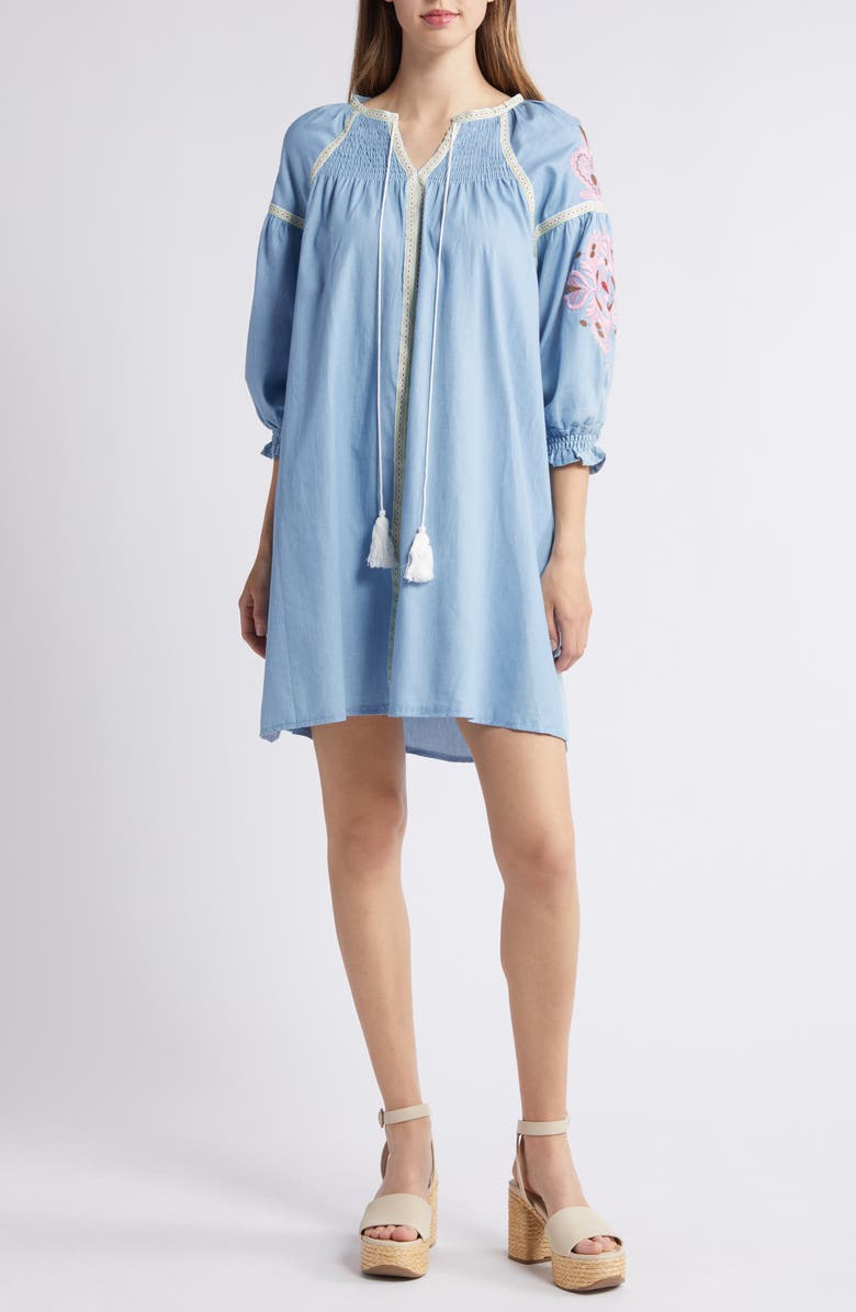 NIKKI LUND Rachael Split Neck Chambray Dress, Main, color, Blue