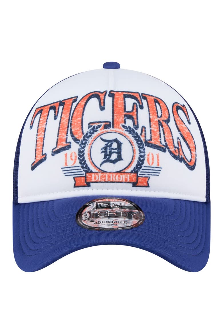 Men's New Era White/Navy Detroit Tigers Distressed 9FORTY A-Frame Adjustable Trucker Hat, Alternate, color, White