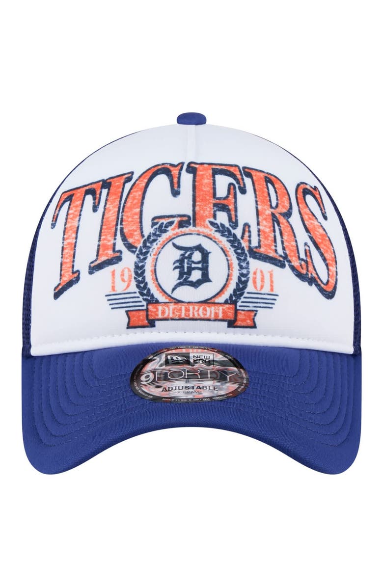 New Era Men's New Era White/Navy Detroit Tigers Distressed 9FORTY A-Frame Adjustable Trucker Hat, Alternate, color, White