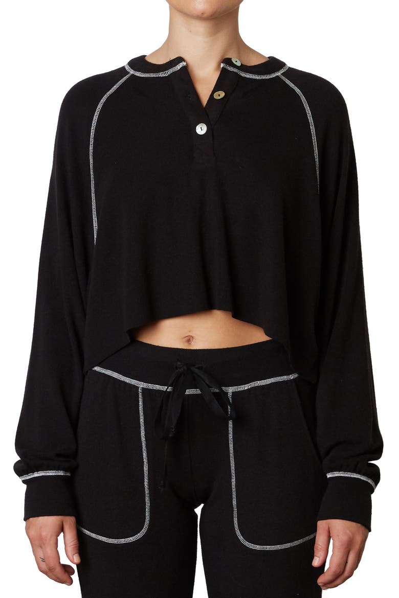Contrast Stitch Henley Top, Main, color, BLACK