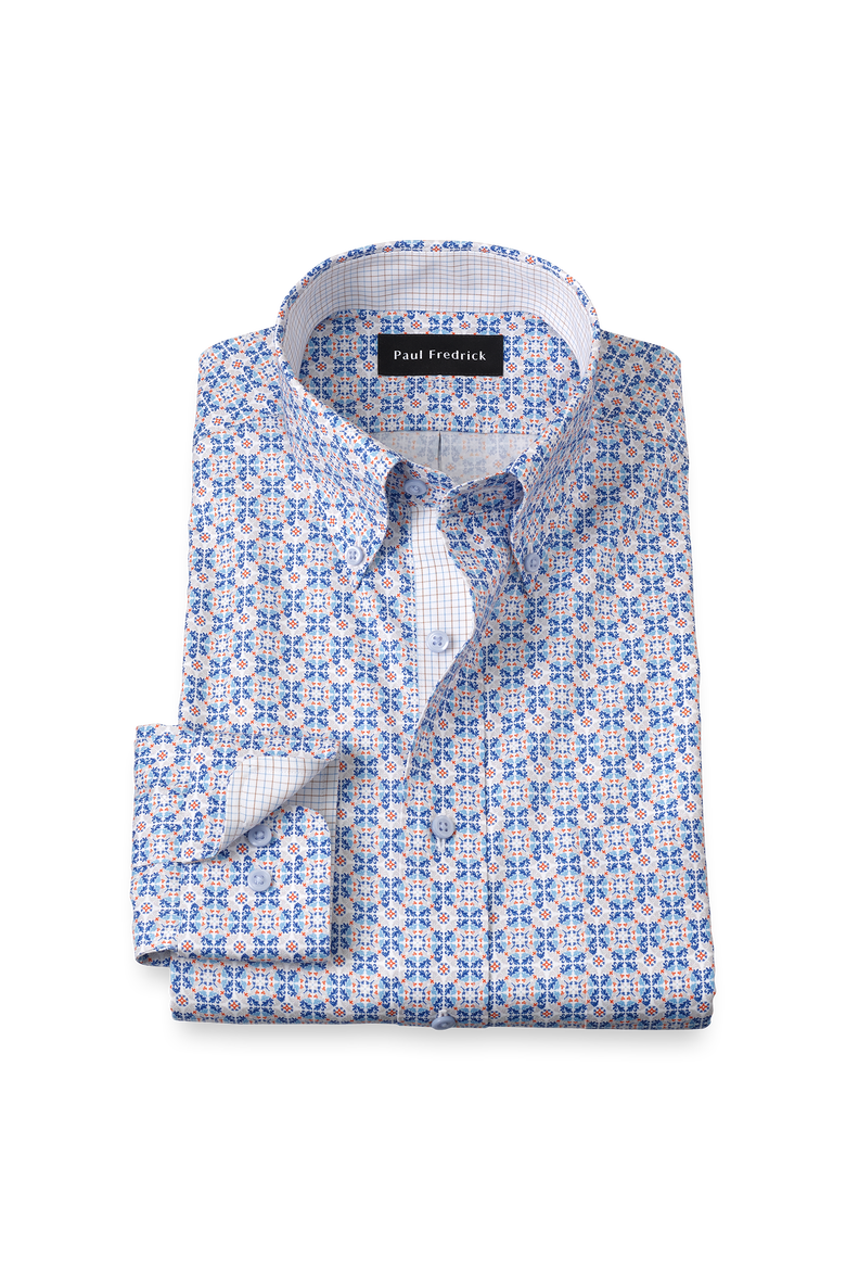 Cotton Spandex Buttondown Collar Pinpoint Classic Contrast Trim Button Cuff Long Sleeve, Main, color, Blue Multi