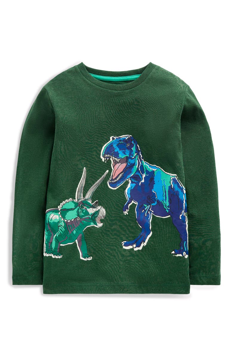 Kids' Glow-in-the-Dark Long Sleeve Graphic T-Shirt, Main, color, HUNTER GREEN DINOS