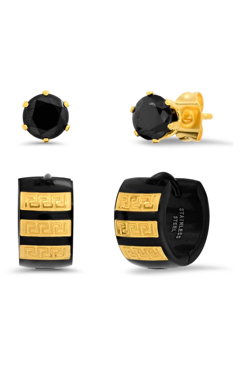 Men's Two-Tone Stainless Steel Geo Huggie Hoop & Rhinestone Stud Earrings Set, Main, color, YELLOW-BLACK