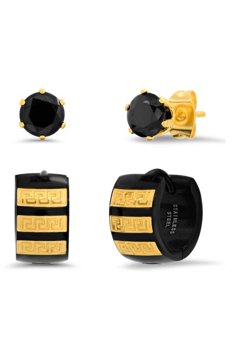 Men's Two-Tone Stainless Steel Geo Huggie Hoop & Rhinestone Stud Earrings Set