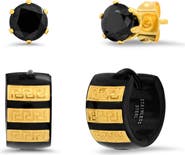 HMY JEWELRY Men's Two-Tone Stainless Steel Geo Huggie Hoop & Rhinestone Stud Earrings Set