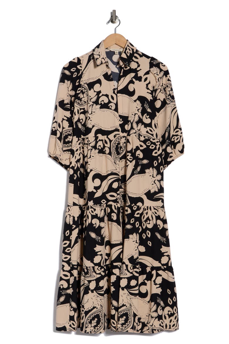 Three-Quarter Sleeve Tiered Dress, Alternate, color, BLACK/ TAN