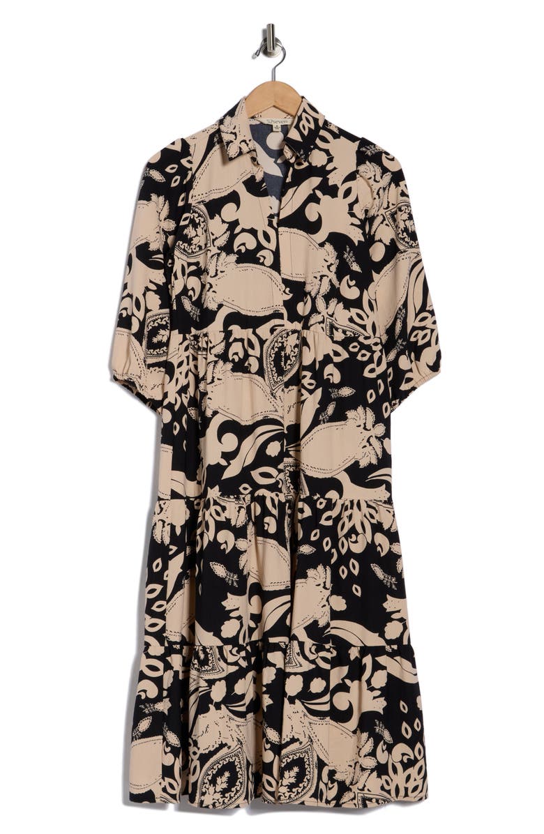 SANDRA DARREN Three-Quarter Sleeve Tiered Dress, Alternate, color, Black/ Tan