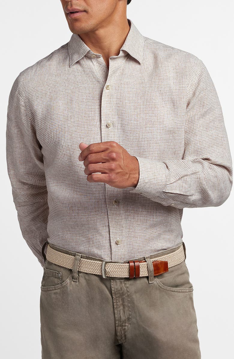 David Donahue Check Linen Button-Up Shirt, Main, color, White/ Dune