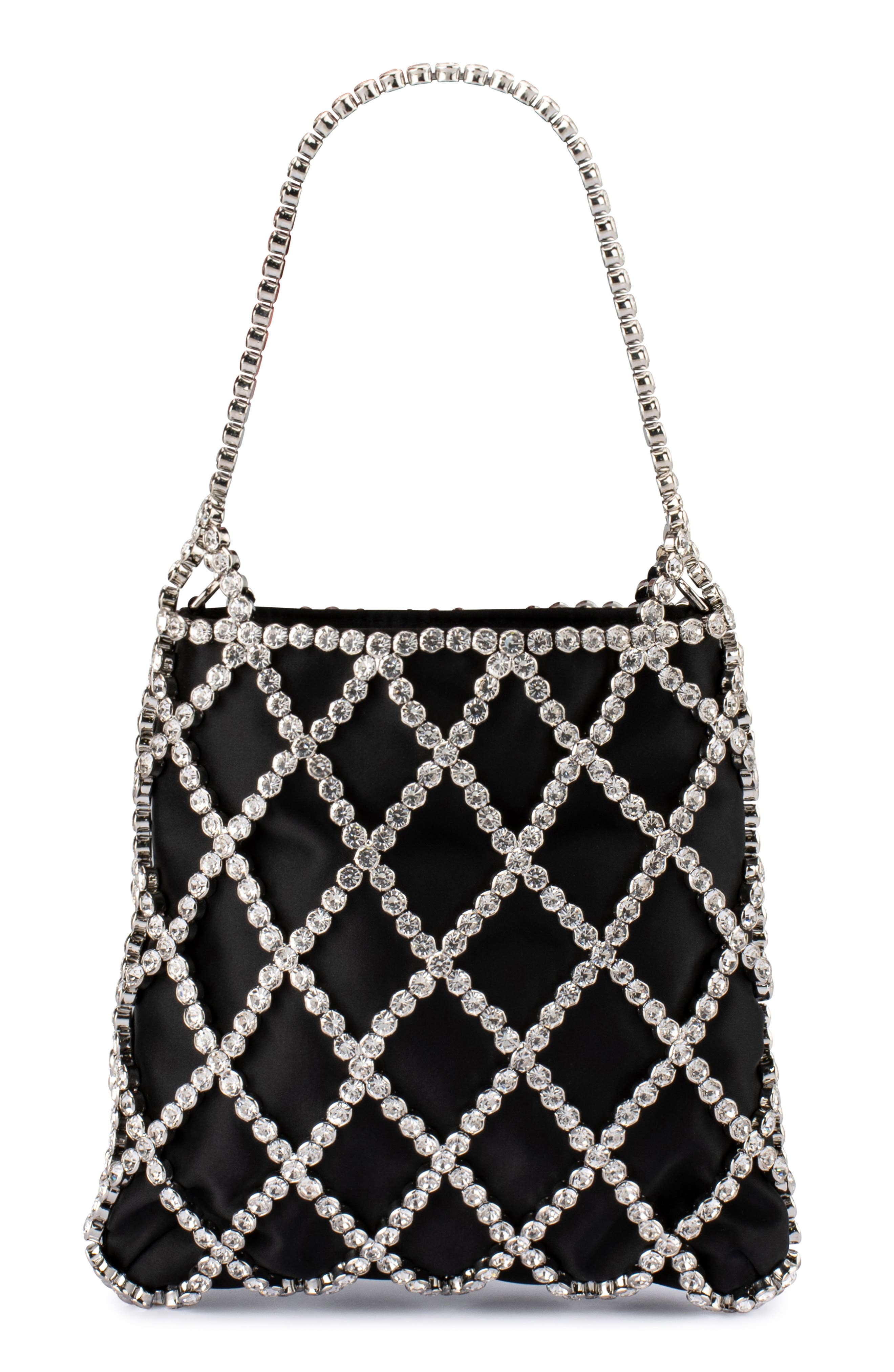 Olga Berg Kit Crystal Cage Satin Evening Bag, Main, color, Black